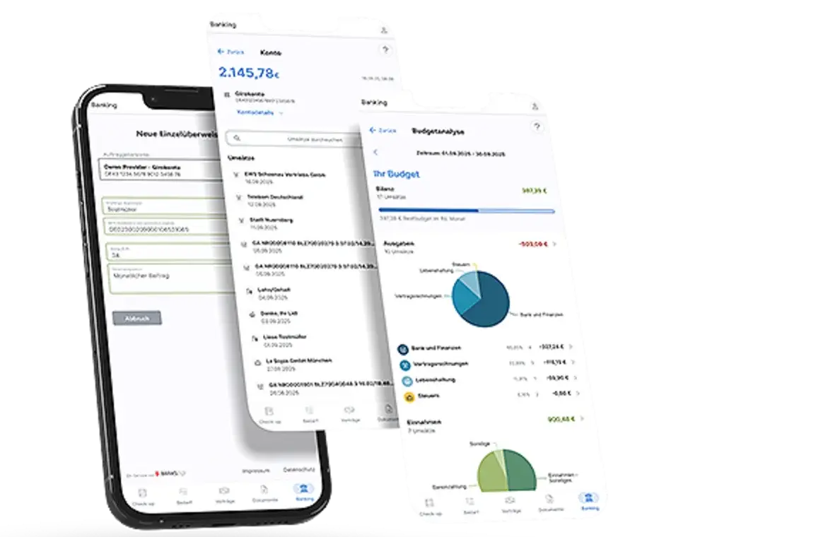 Finanzmanager App — drei Screenshots nebeneinander